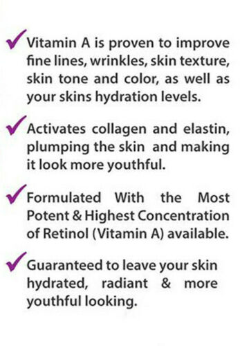 Retinol moisturizer benefits graphic with purple checkmark bullet points