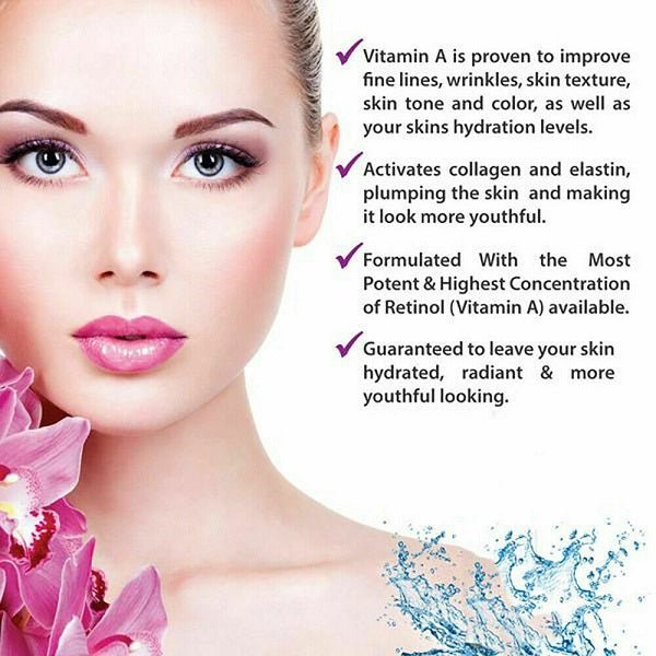 Woman face close-up with retinol serum skincare bullet points