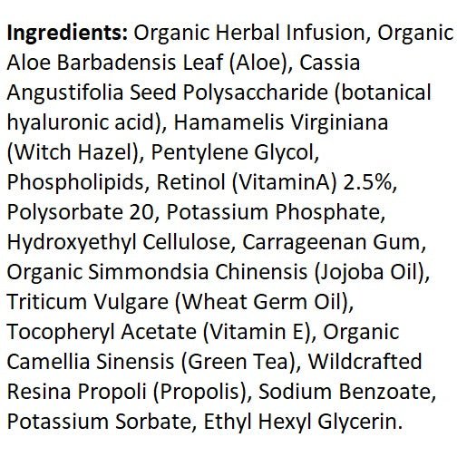 Ingredients list text: organic aloe, witch hazel, retinol (Vitamin A) 2.5%, green tea