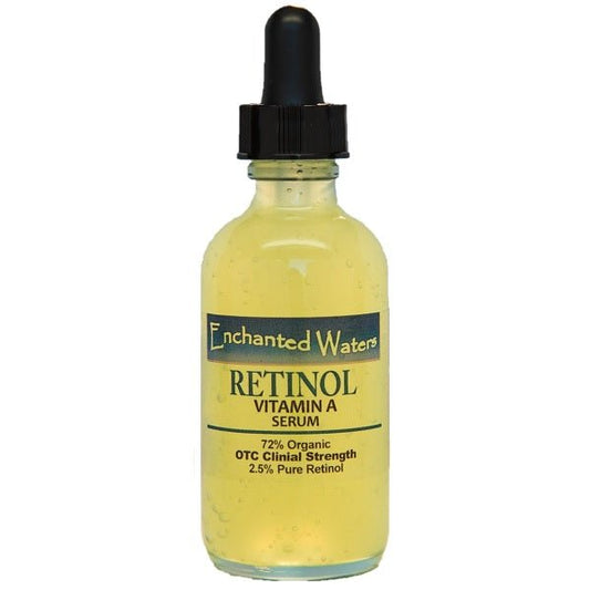 Retinol Vitamin A serum bottle with black dropper and cap; yellow serum; front label