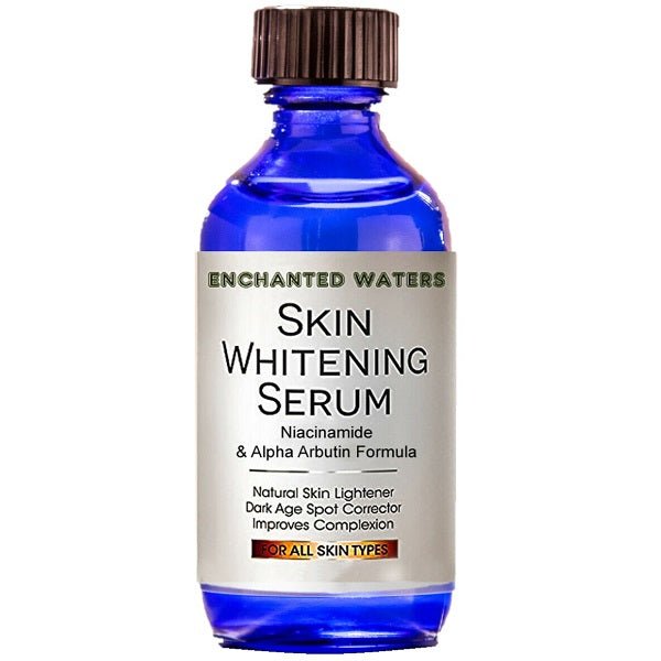 Blue skin whitening serum bottle with black ribbed cap, labeled Niacinamide