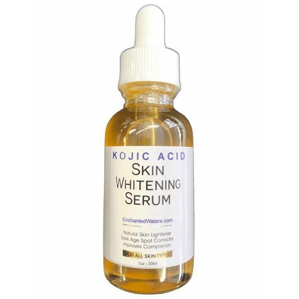 Kojic acid skin whitening serum bottle with white dropper cap, amber glass.