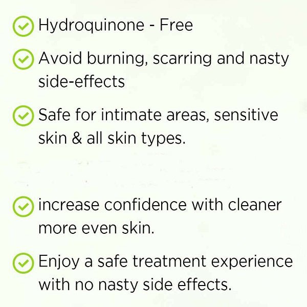 Benefit checklist graphic with green checkmarks for skin whitening serum