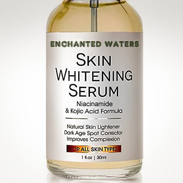 Skin whitening serum bottle with Niacinamide & Kojic Acid label, amber glass.