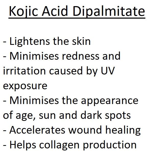 Kojic Acid Dipalmitate benefits list: lightens, reduces redness, dark spots, wound healing.