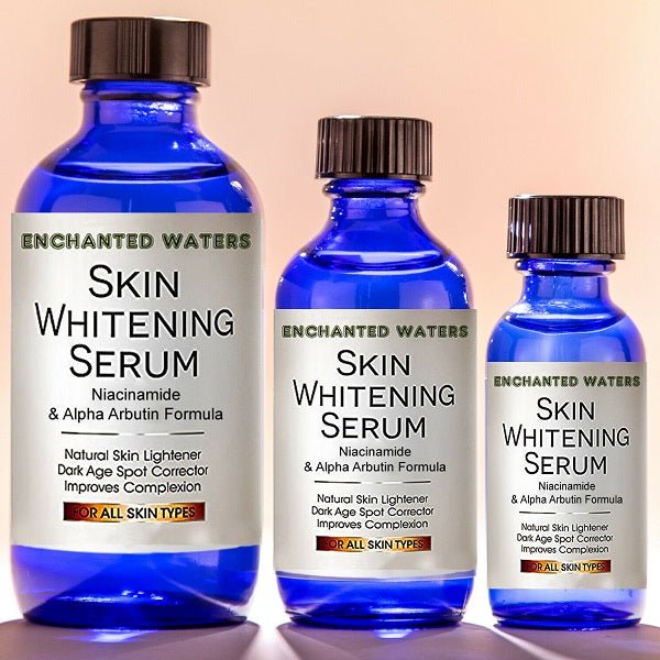 Set of three blue skin whitening serum bottles with black caps, side view