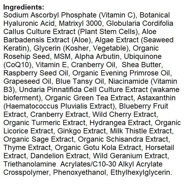 Ingredients list for stem cell serum with Vitamin C and hyaluronic acid