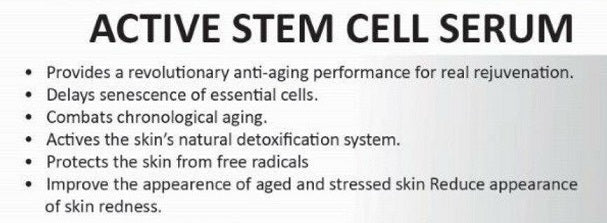 Active stem cell serum benefits list on a text panel