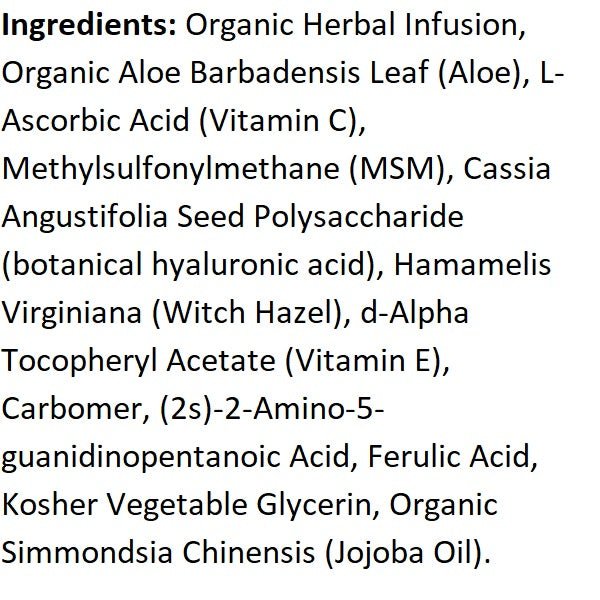 Ingredients list: organic aloe, L-ascorbic acid, ferulic acid, vitamin E