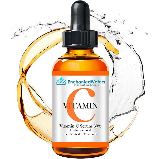 Vitamin C serum bottle with water splash and golden ribbon accents