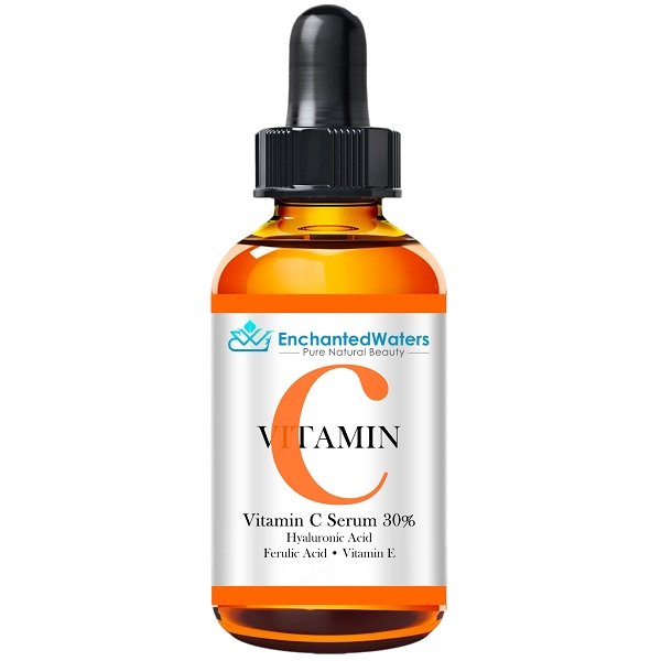 Vitamin C serum bottle, amber glass with black dropper cap