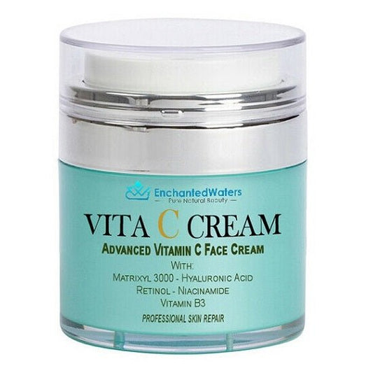 Vitamin C face cream jar with teal label and clear plastic lid