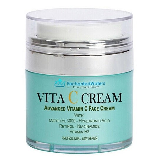 Vitamin C face cream jar with teal label and clear plastic lid