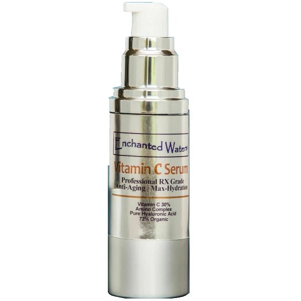 Vitamin C serum bottle with pump, gold cap, and metallic silver body