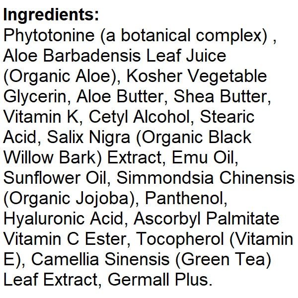 Ingredient list for Vitamin K cream, including aloe, shea butter, jojoba, and oils