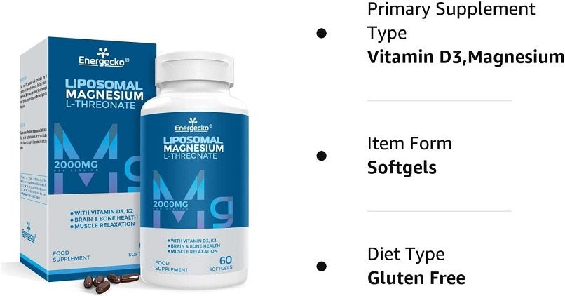 Energecko liposomal magnesium L-threonate bottle with box, softgels, gluten free