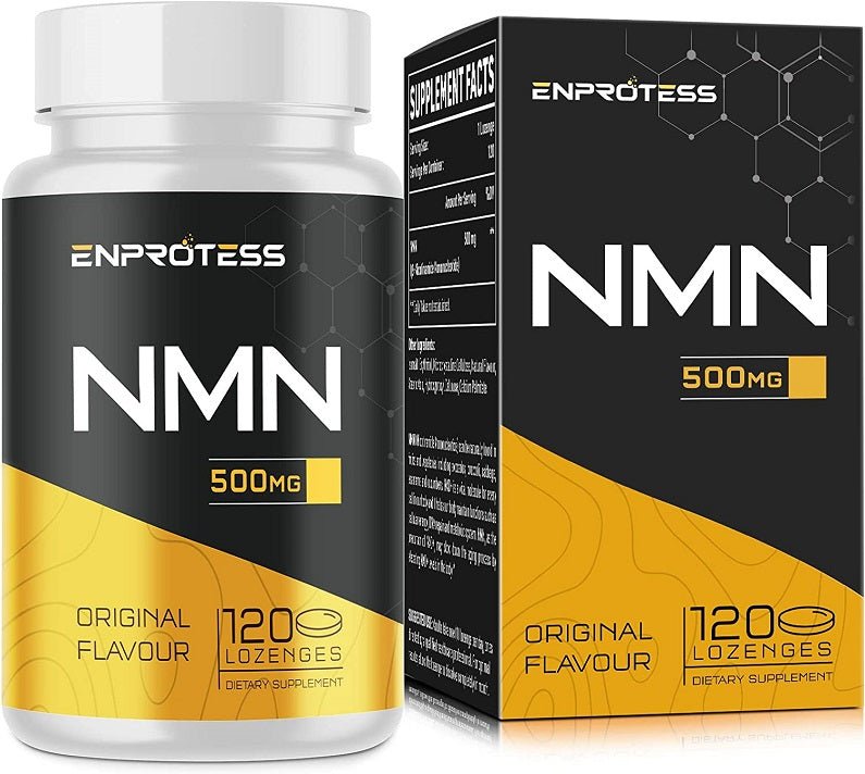 NMN 500 mg supplement bottle and matching box with original flavour label