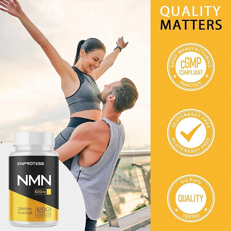NMN 500 mg supplement bottle with CGMP and quality-tested badges, original 120 lozenges