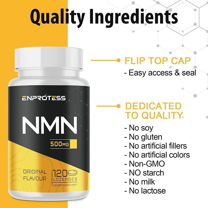 NMN 500 mg supplement bottle with flip-top cap and original flavour, 120 lozenges