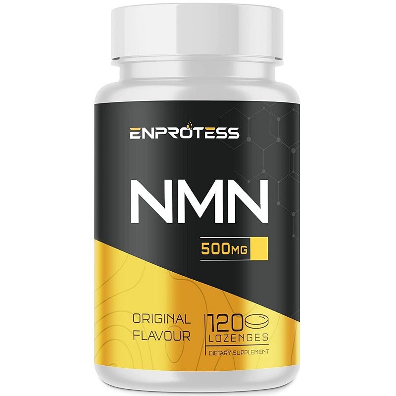 NMN 500 mg lozenge supplement bottle with white cap, black-and-gold original label