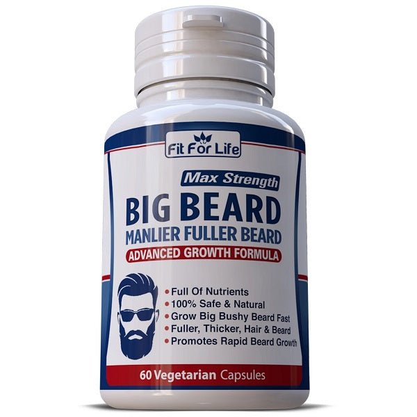 Fit For Life Big Beard supplement capsules bottle with blue label and 60 vegetarian capsules