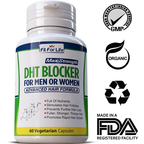DHT Blocker bottle with GMP, Organic and recycling icons on label
