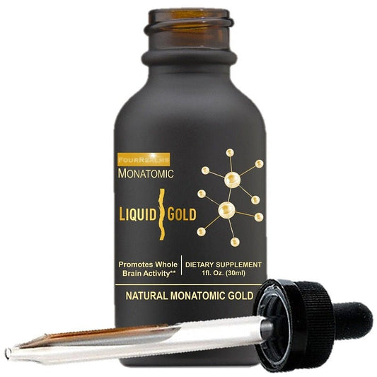 Four Realms monatomic gold liquid dietary supplement bottle with dropper, 30 ml