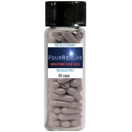 Four Realms monatomic rose gold Ormus capsules in clear bottle, 60 caps