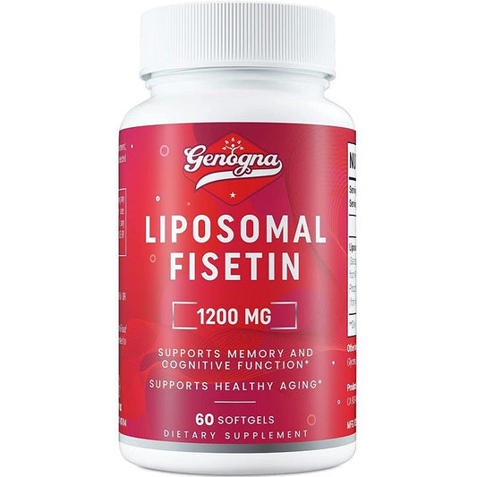 Genogna liposomal fisetin supplement bottle, white cap, red label, 60 softgels