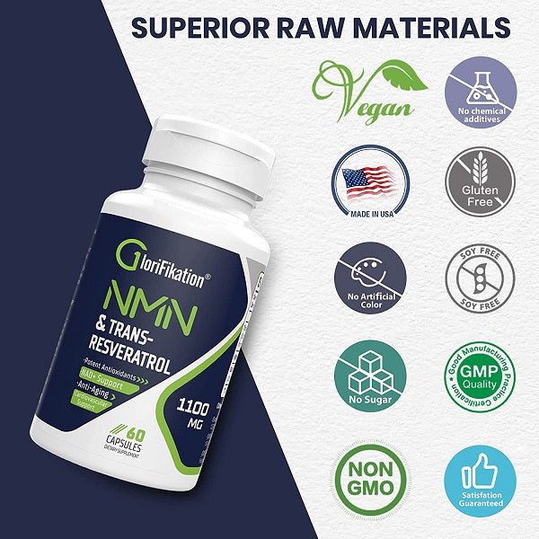 NMN trans-resveratrol supplement bottle with vegan, gluten-free and non-GMO badges