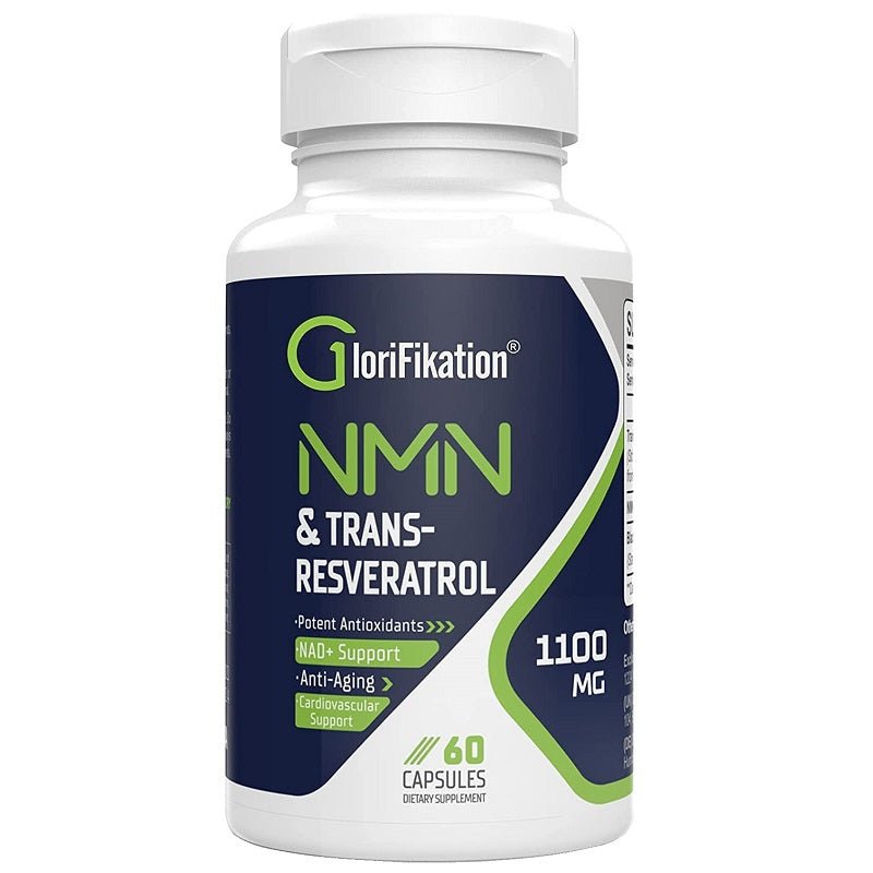 NMN and trans-resveratrol supplement bottle, 1100 mg, 60 capsules