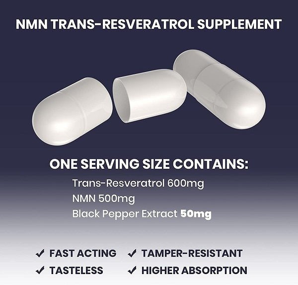 NMN and trans-resveratrol supplement capsules, three white capsules on display