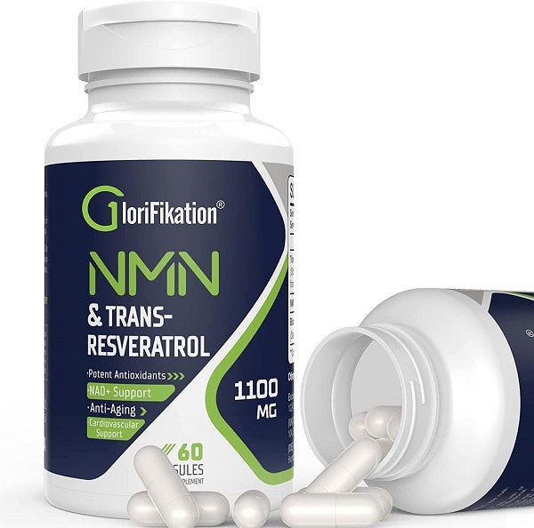 NMN and trans-resveratrol supplement bottle with 1100 mg label and capsules