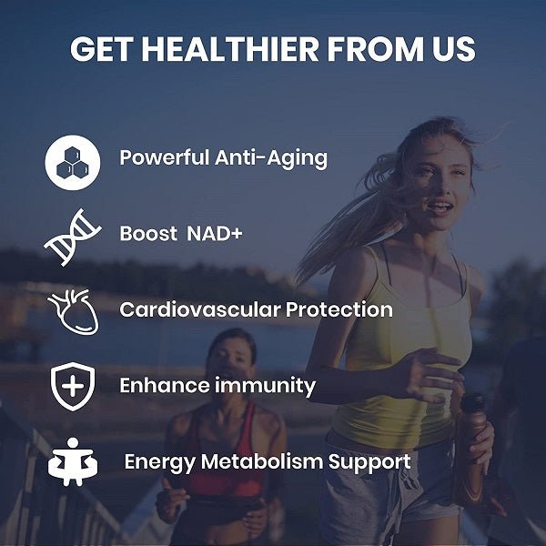NMN and trans-resveratrol supplement benefit icons: anti-aging, NAD+ and immunity