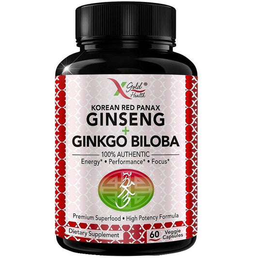 Gold Health ginseng ginkgo supplement bottle, black with red label, 60 veggie capsules