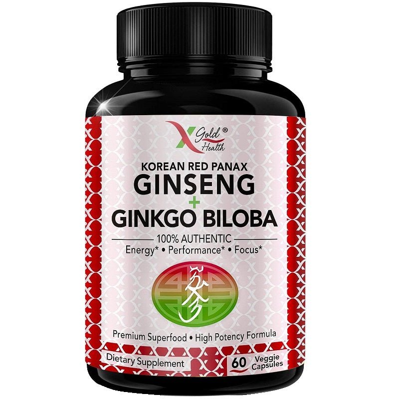 Gold Health ginseng ginkgo supplement bottle, black with red label, 60 veggie capsules