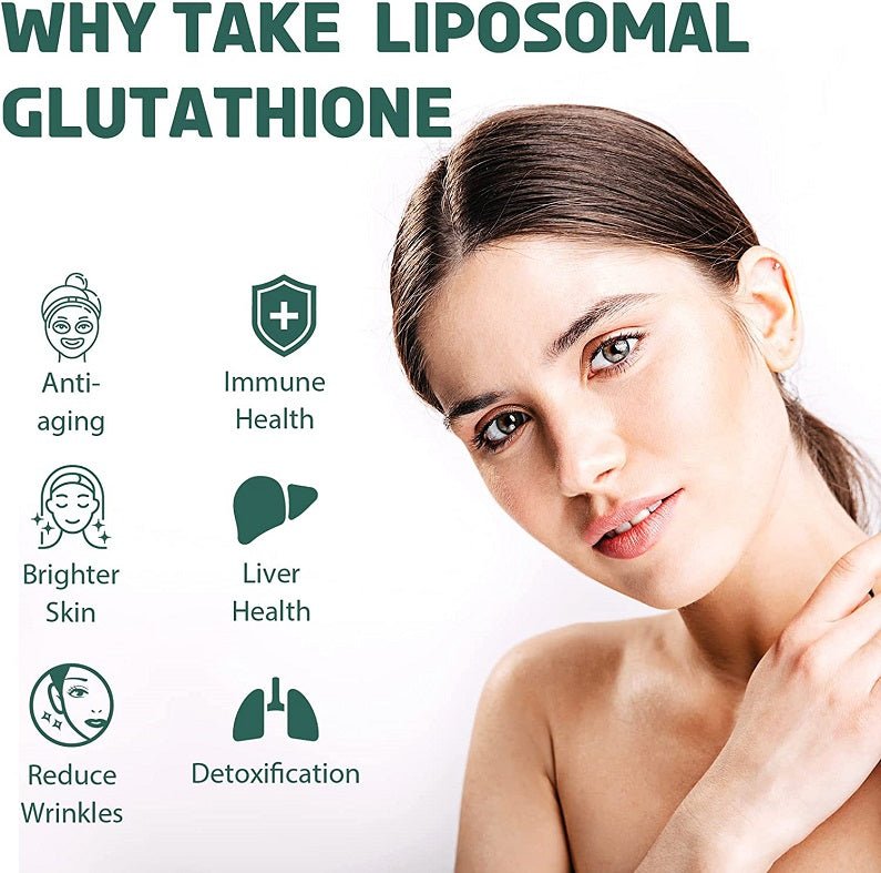 Benefits infographic for liposomal glutathione, anti-aging, immune health, brighter skin