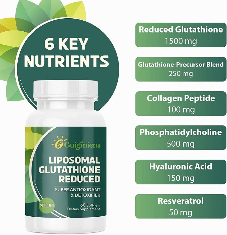 Supplement bottle with 6 key nutrients panel, reduced glutathione 1500 mg