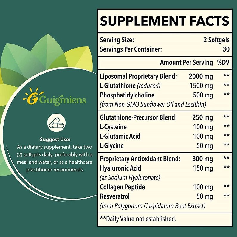 Supplement facts label for liposomal glutathione reduced with serving and ingredient amounts