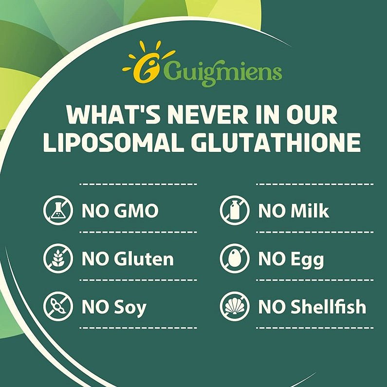 Ingredient claims for liposomal glutathione: no GMO, no gluten, no milk, no egg, no soy