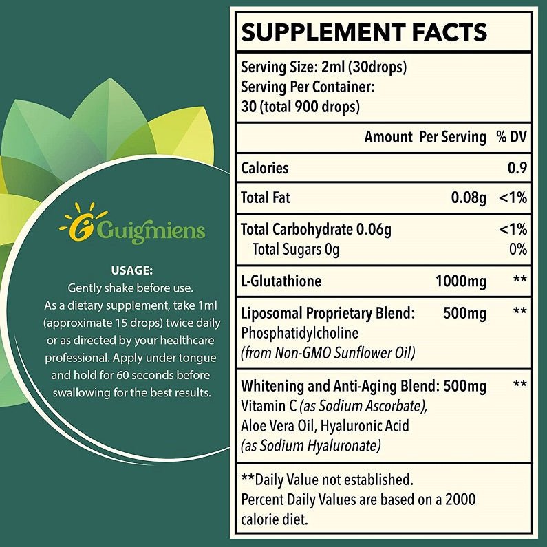 Supplement Facts panel for liposomal glutathione, serving info and ingredient blend