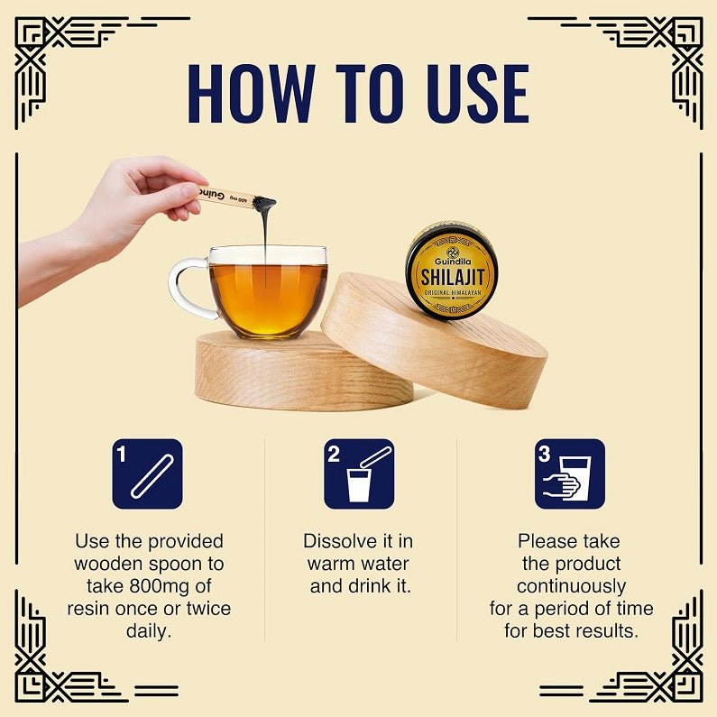 Shilajit how-to-use instructions with jar and tea brewing steps