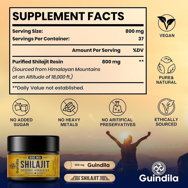 Shilajit supplement facts label showing 800 mg purified shilajit resin
