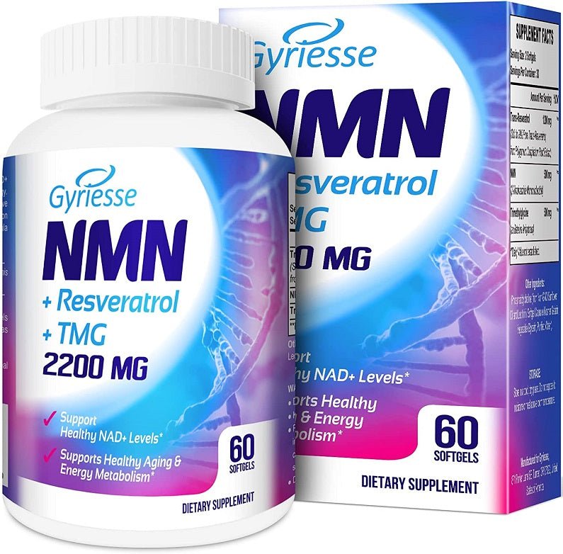 Gyriesse NMN supplement bottle with matching box, 60 softgels