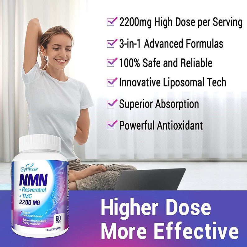 Gyriesse NMN 2200mg bottle with benefit checkmarks on background text
