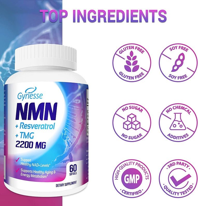 Gyriesse NMN 2200mg bottle with top ingredients and certification badges