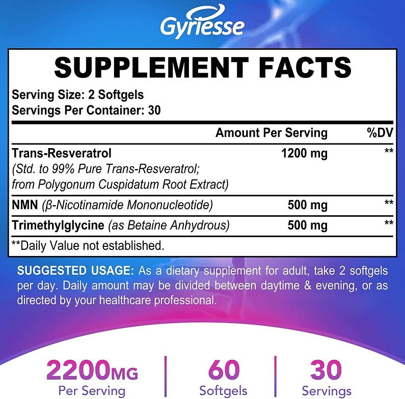 Supplement Facts panel: trans-resveratrol, NMN and TMG per 2 softgels