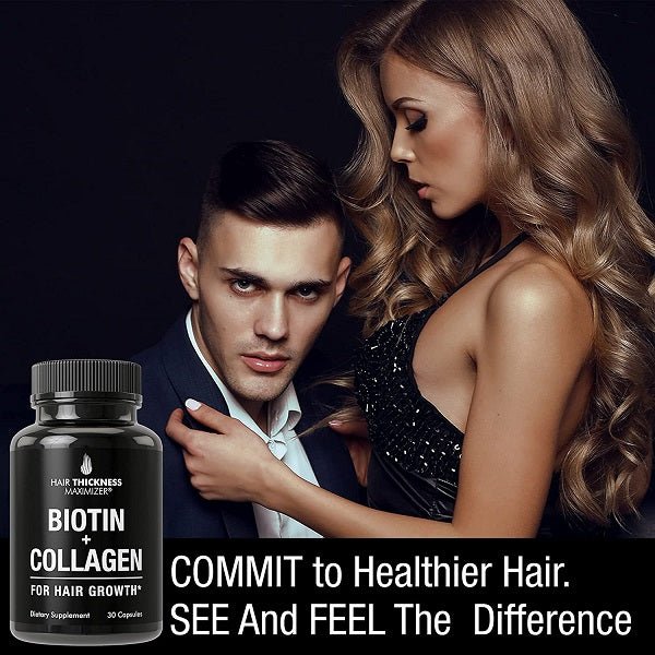 Biotin and collagen hair growth supplement bottle with black label and ribbed cap