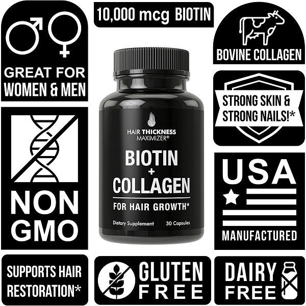 Biotin and collagen hair growth supplement bottle with label and health icon graphics