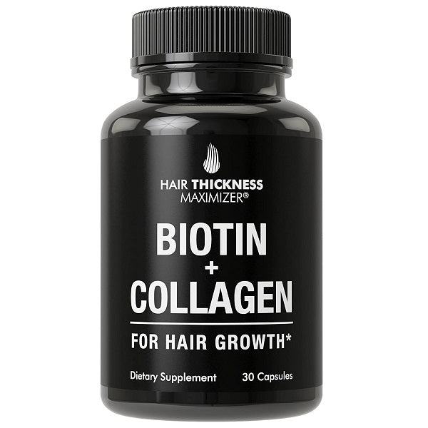 Black biotin plus collagen hair growth supplement bottle with ribbed black cap